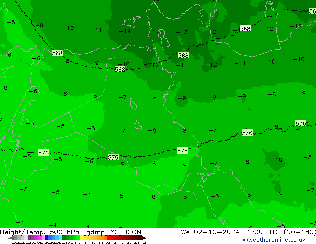 Height/Temp. 500 hPa ICON śro. 02.10.2024 12 UTC