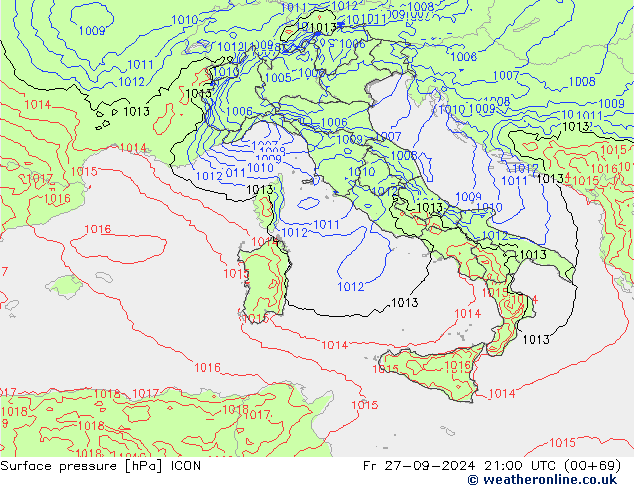 Surface pressure ICON Fr 27.09.2024 21 UTC