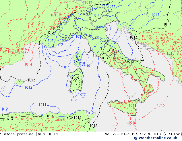 Presión superficial ICON mié 02.10.2024 00 UTC