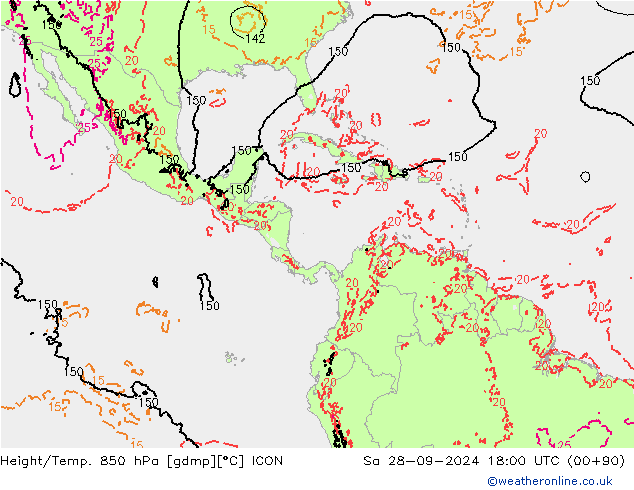 Height/Temp. 850 hPa ICON sab 28.09.2024 18 UTC