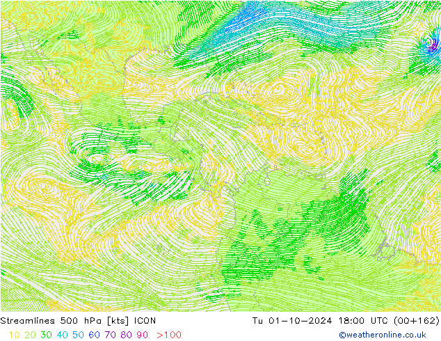 Streamlines 500 hPa ICON Tu 01.10.2024 18 UTC