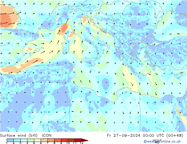 Vento 10 m (bft) ICON Sex 27.09.2024 00 UTC