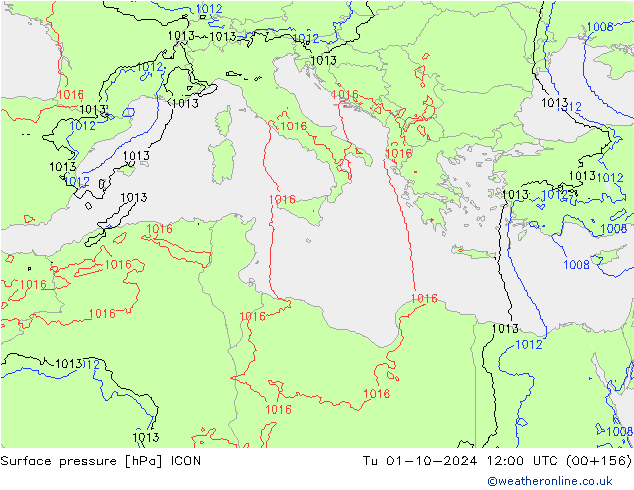 Surface pressure ICON Tu 01.10.2024 12 UTC