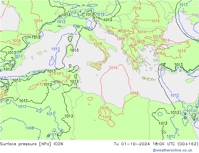 Surface pressure ICON Tu 01.10.2024 18 UTC