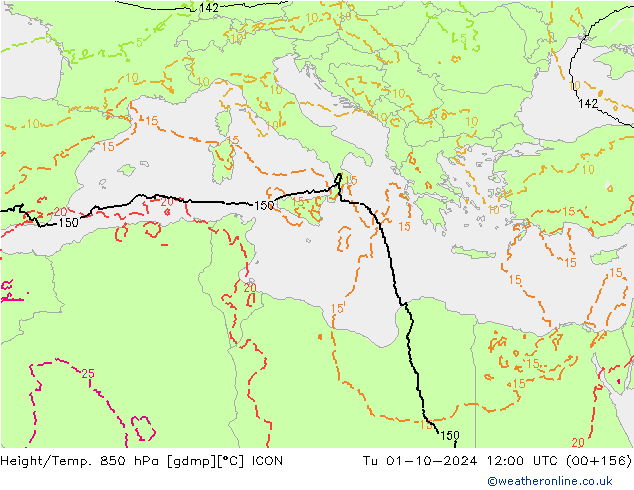 Height/Temp. 850 hPa ICON mar 01.10.2024 12 UTC