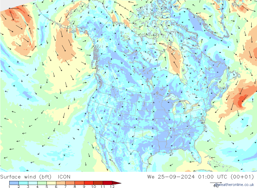 Viento 10 m (bft) ICON mié 25.09.2024 01 UTC