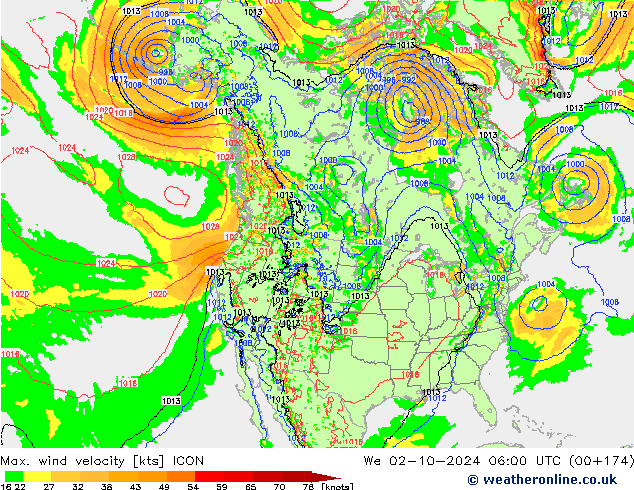 Max. wind velocity ICON mer 02.10.2024 06 UTC