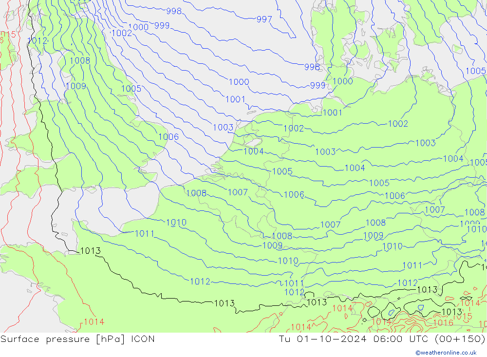 Surface pressure ICON Tu 01.10.2024 06 UTC