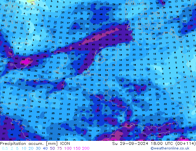 Precipitation accum. ICON Su 29.09.2024 18 UTC