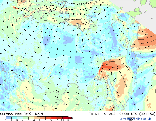 Surface wind (bft) ICON Tu 01.10.2024 06 UTC