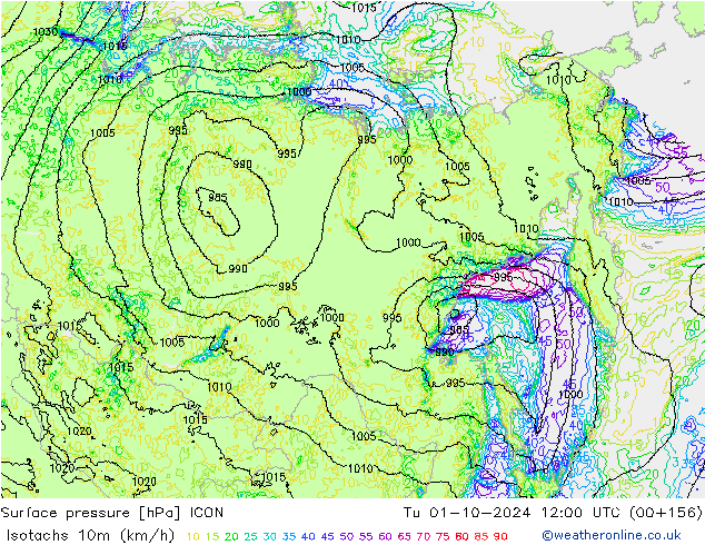 Isotachs (kph) ICON mar 01.10.2024 12 UTC