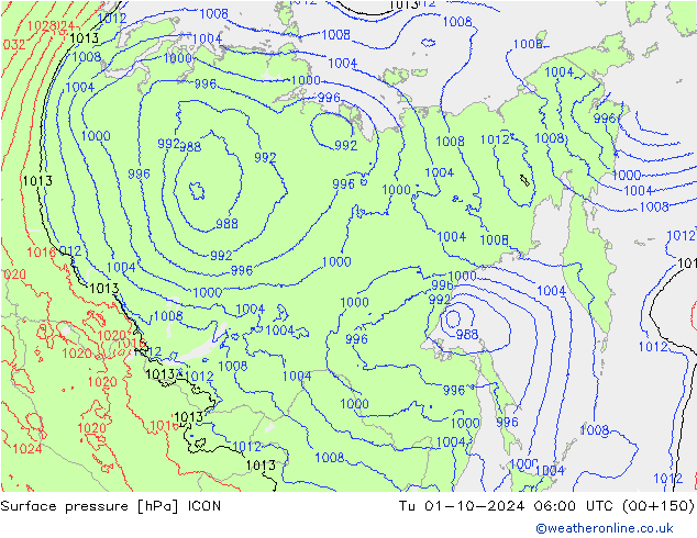 Surface pressure ICON Tu 01.10.2024 06 UTC