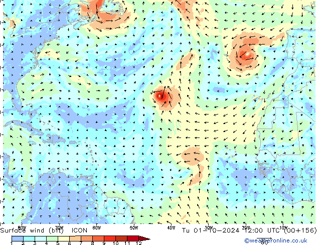 Rüzgar 10 m (bft) ICON Sa 01.10.2024 12 UTC