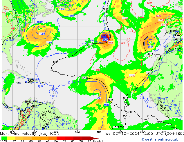 Max. wind velocity ICON mer 02.10.2024 12 UTC