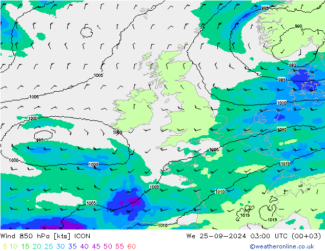 Vent 850 hPa ICON mer 25.09.2024 03 UTC