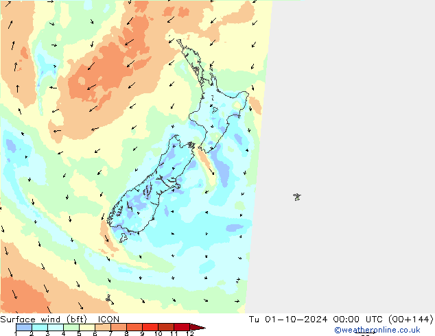 Surface wind (bft) ICON Út 01.10.2024 00 UTC