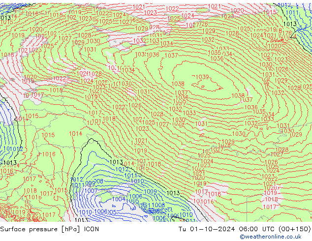 Surface pressure ICON Tu 01.10.2024 06 UTC