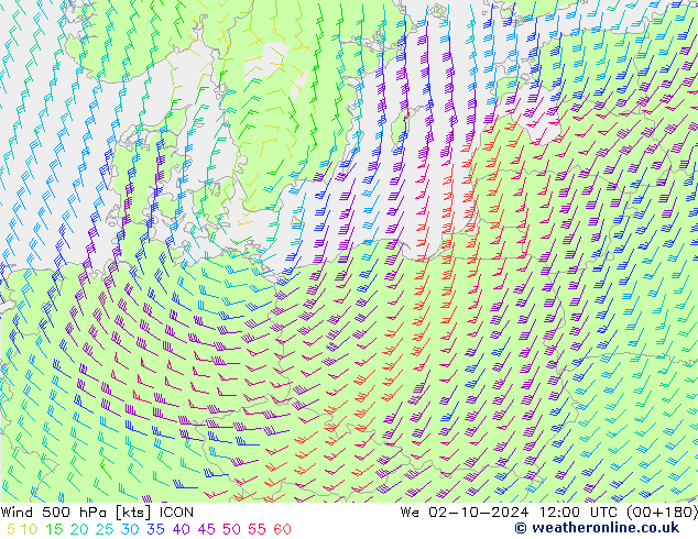 Vento 500 hPa ICON Qua 02.10.2024 12 UTC