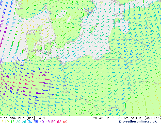 ветер 850 гПа ICON ср 02.10.2024 06 UTC