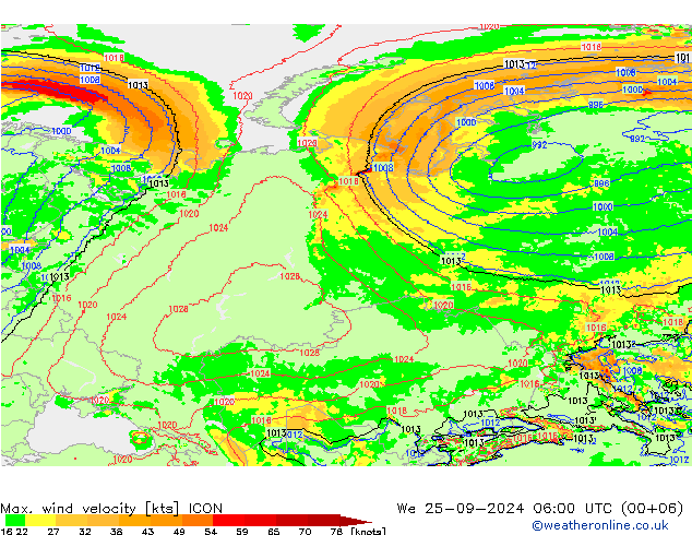 Max. wind velocity ICON śro. 25.09.2024 06 UTC