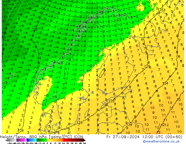 Yükseklik/Sıc. 850 hPa ICON Cu 27.09.2024 12 UTC