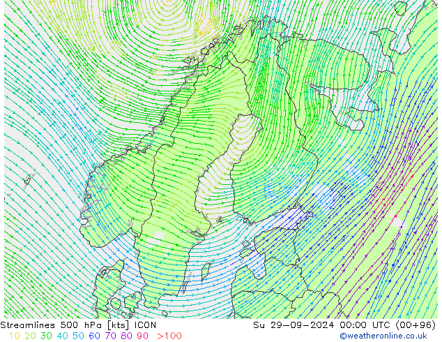 Streamlines 500 hPa ICON Su 29.09.2024 00 UTC