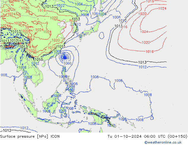 Surface pressure ICON Tu 01.10.2024 06 UTC