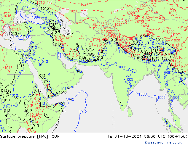 Surface pressure ICON Tu 01.10.2024 06 UTC