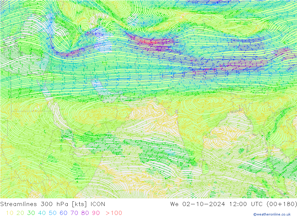 Stroomlijn 300 hPa ICON wo 02.10.2024 12 UTC