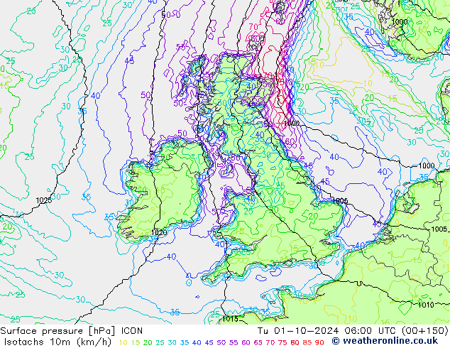 Isotachs (kph) ICON Tu 01.10.2024 06 UTC