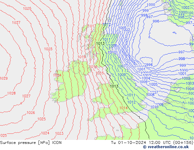 Surface pressure ICON Tu 01.10.2024 12 UTC