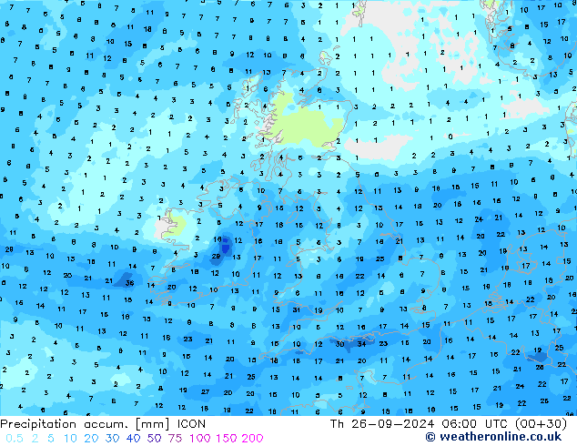 Totale neerslag ICON do 26.09.2024 06 UTC