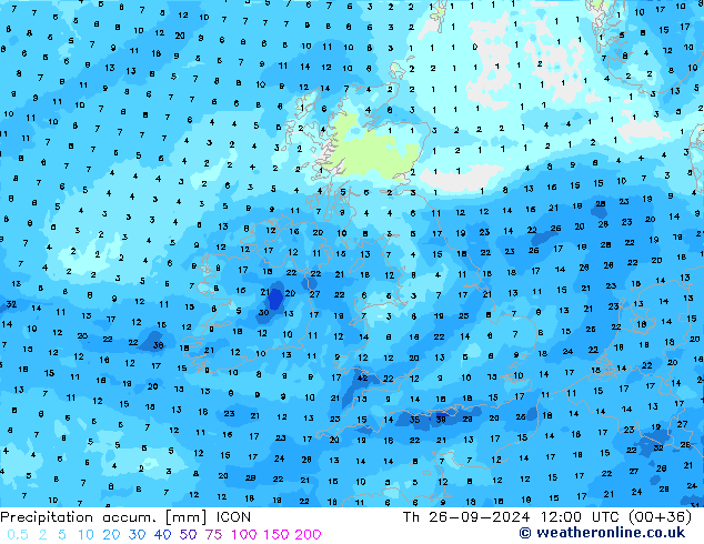 Precipitation accum. ICON чт 26.09.2024 12 UTC