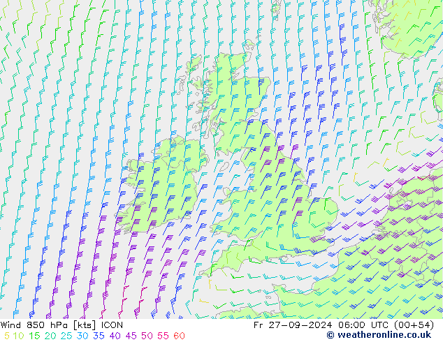 Viento 850 hPa ICON vie 27.09.2024 06 UTC