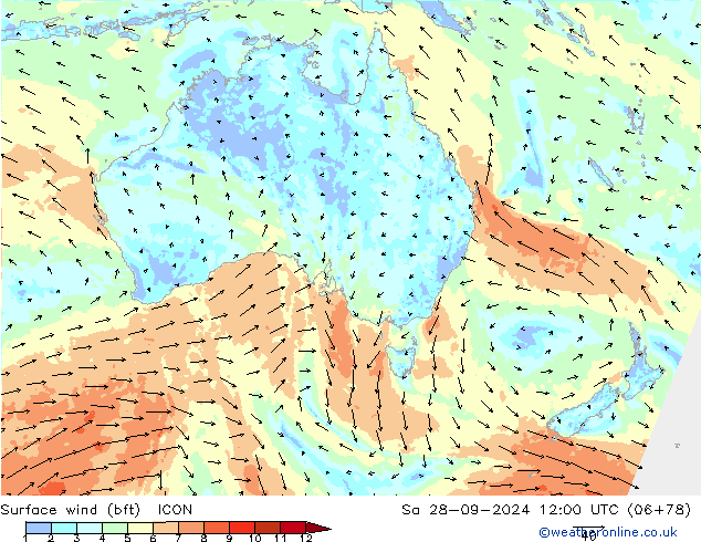 Vent 10 m (bft) ICON sam 28.09.2024 12 UTC