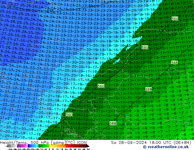 Height/Temp. 500 hPa ICON Sa 28.09.2024 18 UTC