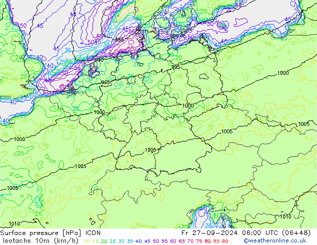 Isotachen (km/h) ICON vr 27.09.2024 06 UTC