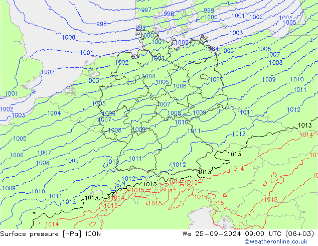 Presión superficial ICON mié 25.09.2024 09 UTC