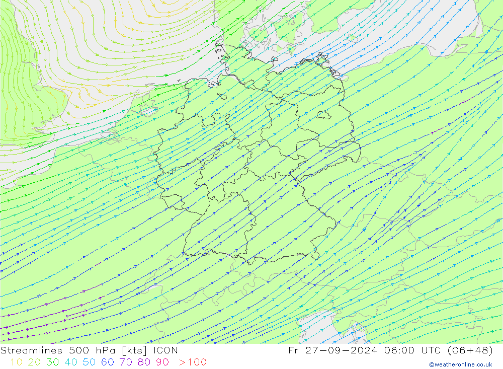 Linia prądu 500 hPa ICON pt. 27.09.2024 06 UTC