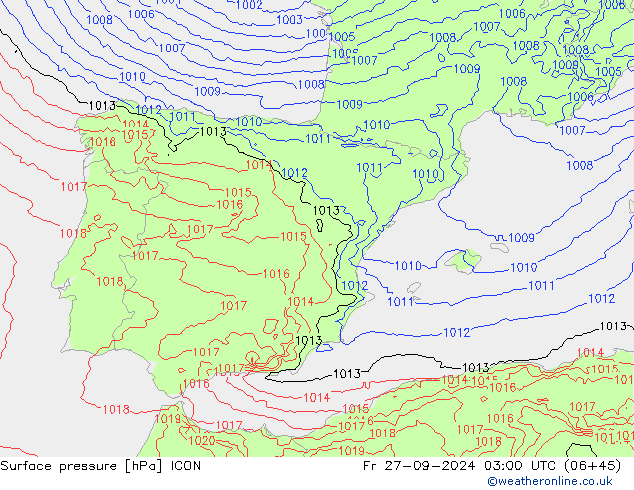 Atmosférický tlak ICON Pá 27.09.2024 03 UTC