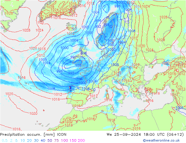 Totale neerslag ICON wo 25.09.2024 18 UTC