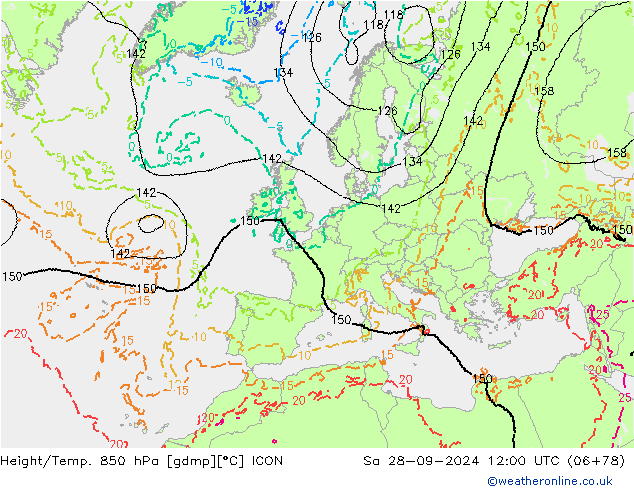 Height/Temp. 850 hPa ICON Sa 28.09.2024 12 UTC