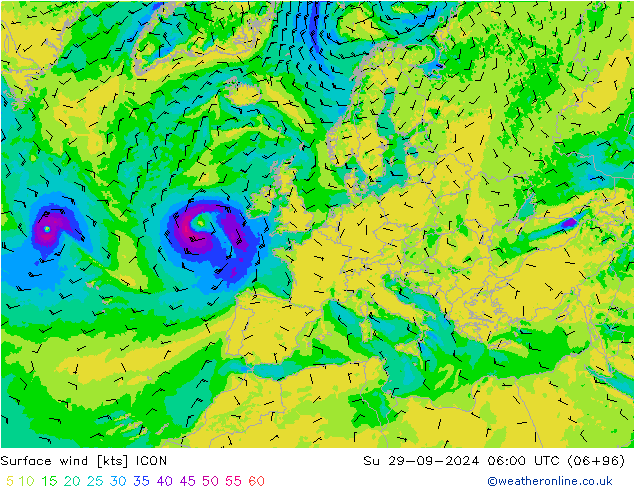 Vento 10 m ICON Dom 29.09.2024 06 UTC