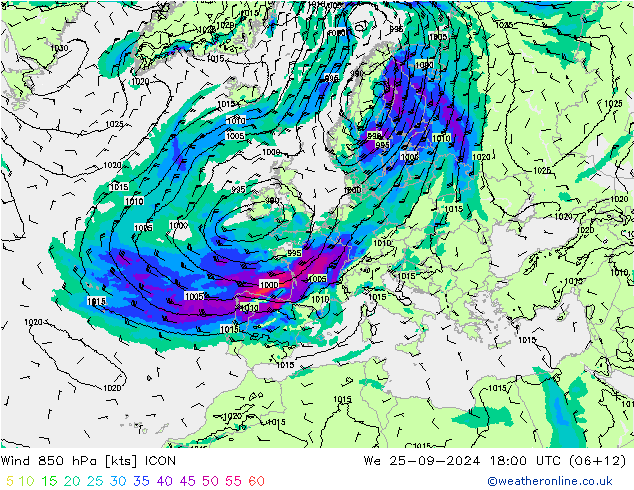 Wind 850 hPa ICON We 25.09.2024 18 UTC