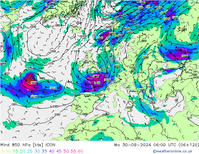 Wind 850 hPa ICON Mo 30.09.2024 06 UTC