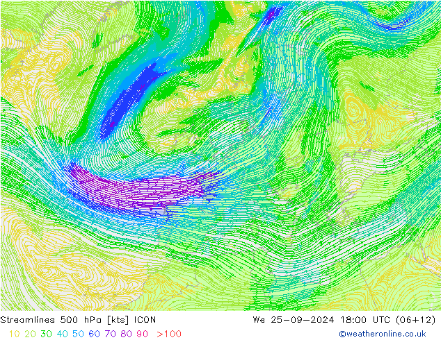 Linia prądu 500 hPa ICON śro. 25.09.2024 18 UTC