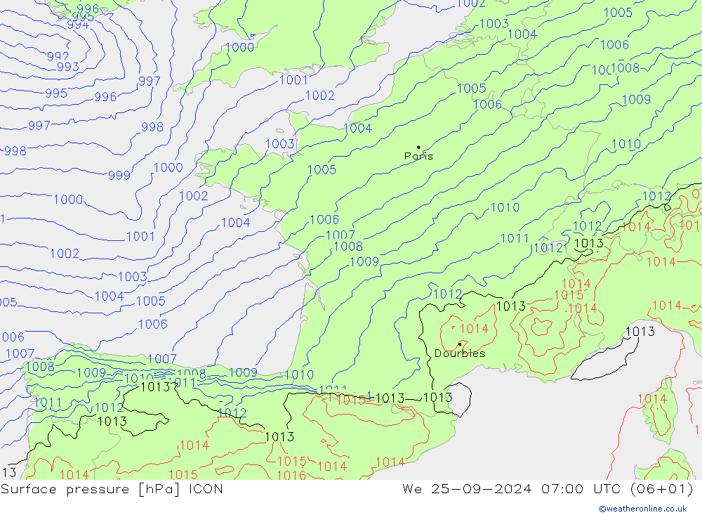 ciśnienie ICON śro. 25.09.2024 07 UTC