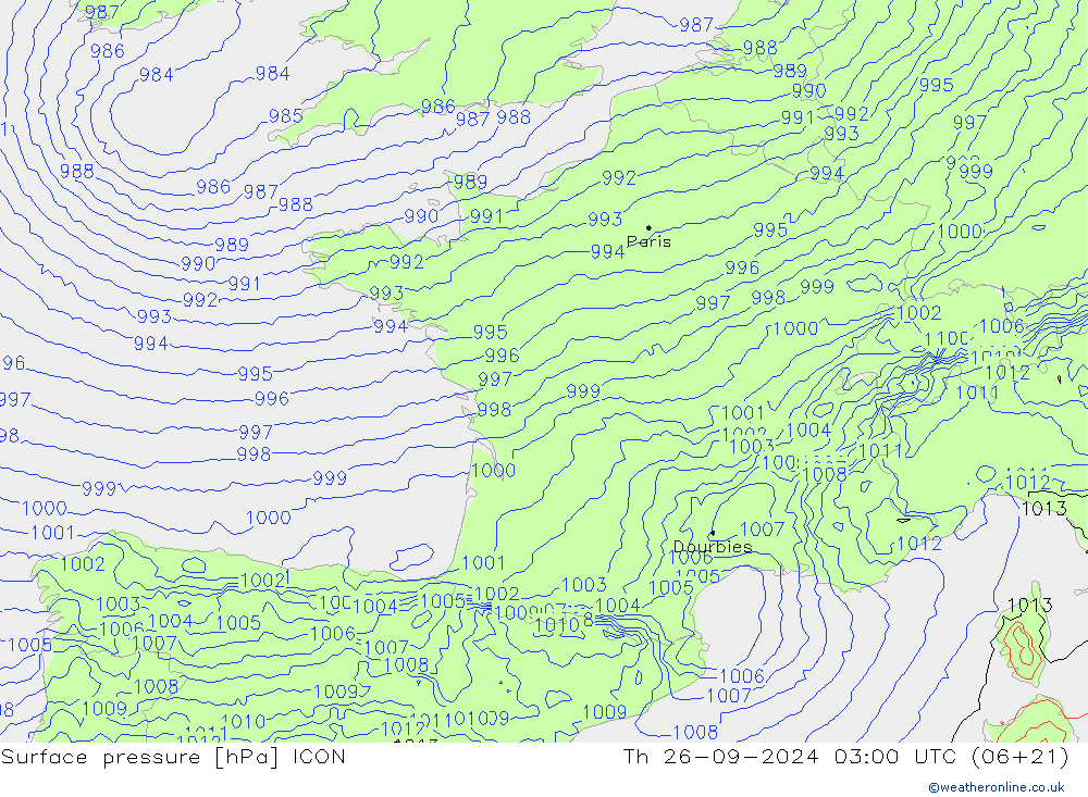 pressão do solo ICON Qui 26.09.2024 03 UTC