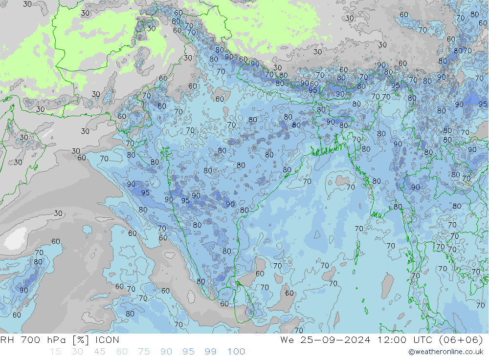 RH 700 hPa ICON mer 25.09.2024 12 UTC