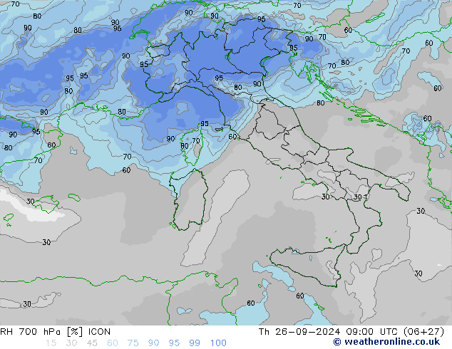 RH 700 hPa ICON Th 26.09.2024 09 UTC